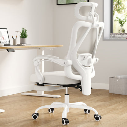 Ergonomic Office Chair with Footrest, Mesh Office Desk Chair with Headrest, High Back Computer Chair with Adjustable Lumbar Support for Home Office Study Room Bedroom, Beige