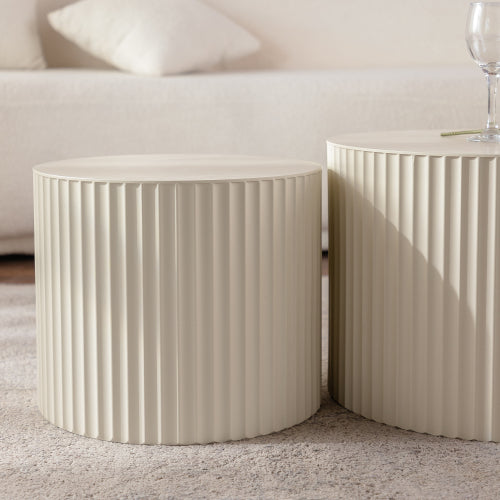 2-Piece Beige Nesting Drum Coffee Table with Wave Stripes