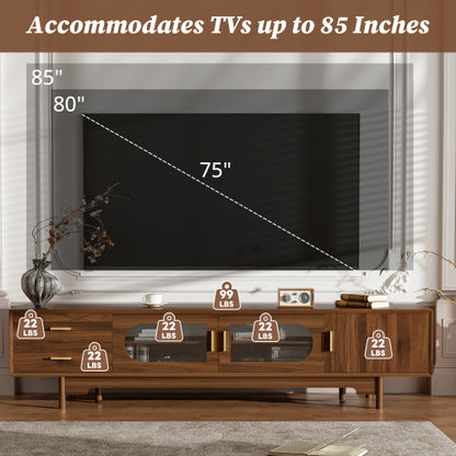 78 inch Modern TV Stand for TVs Up to 85 inch, Fluted Glass Doors Media Console with Drawers
