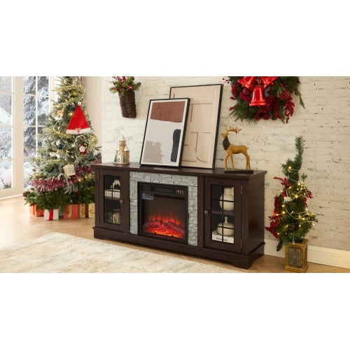 58 Inch White Faux Stone Electric Fireplace TV Stand 18 inch Heater Media Console Fits 65 Inch TV
