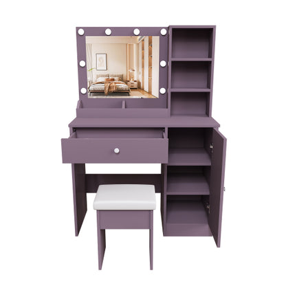 Purple Vanity Desk Set with Padded Stool & Adjustable Lighted Mirror, 8 Round Bulbs, 3 Color Modes, Modern Bedroom