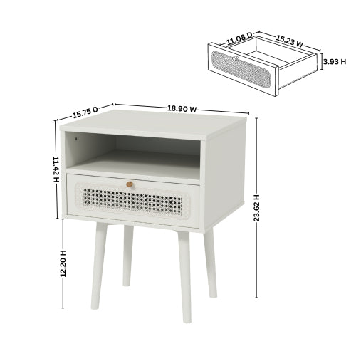 Cream White Dual-Tier Woven Nightstand