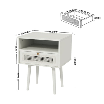 Cream White Dual-Tier Woven Nightstand