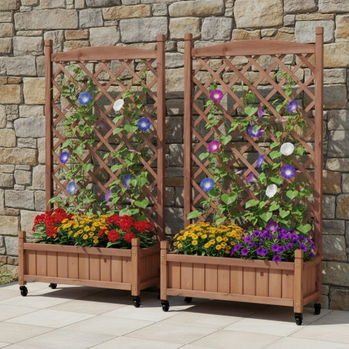 Raised Garden Bed with Trellis 2 Pack, Outdoor Wooden Planter Box Plant Stand with Climbing Racks