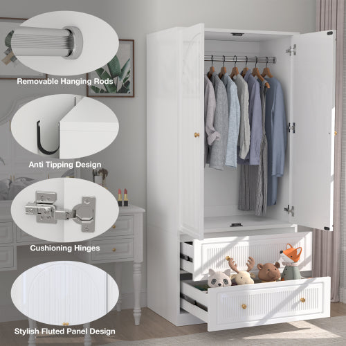 Armoire Wardrobe Closet, Wooden Cloth Storage Organizer with 2 Storage Drawers and Removable Hanging Rods, White