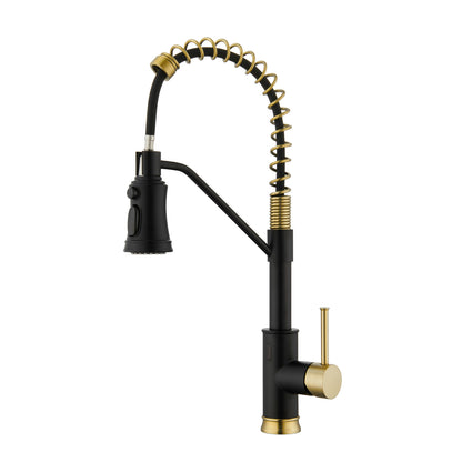 Single Handle Pull Out Sprayer Kitchen Faucet in Matte Black and Gold