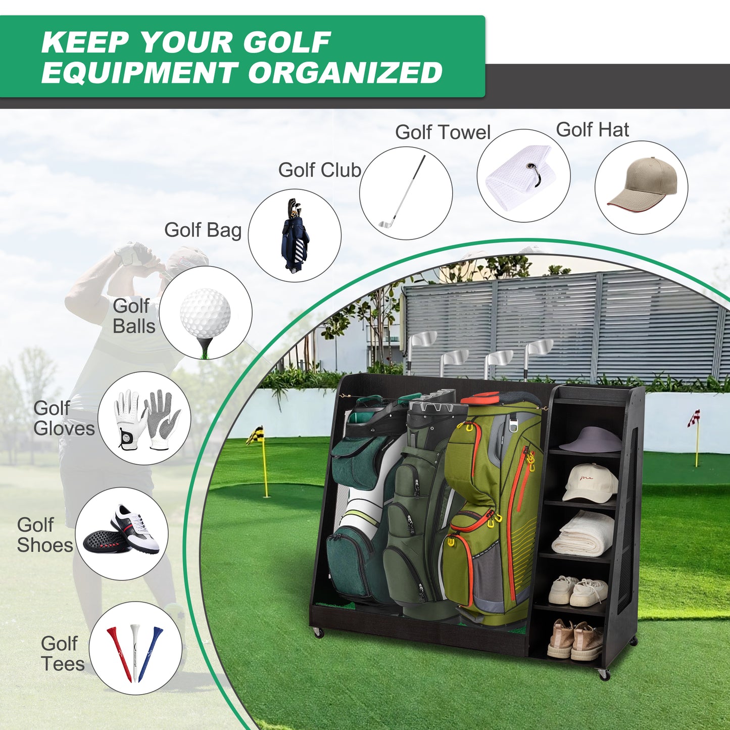 Wooden Golf Bag Storage Rack , Holds 3 Stand Bags & 14+ Clubs, Organizer for Golf Balls, Shoes & Accessories, Heavy Duty for Garage, Indoor Outdoor Use, Easy Assembly,Black
