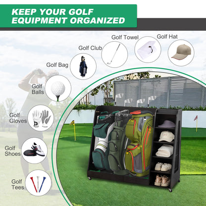 Wooden Golf Bag Storage Rack , Holds 3 Stand Bags & 14+ Clubs, Organizer for Golf Balls, Shoes & Accessories, Heavy Duty for Garage, Indoor Outdoor Use, Easy Assembly,Black