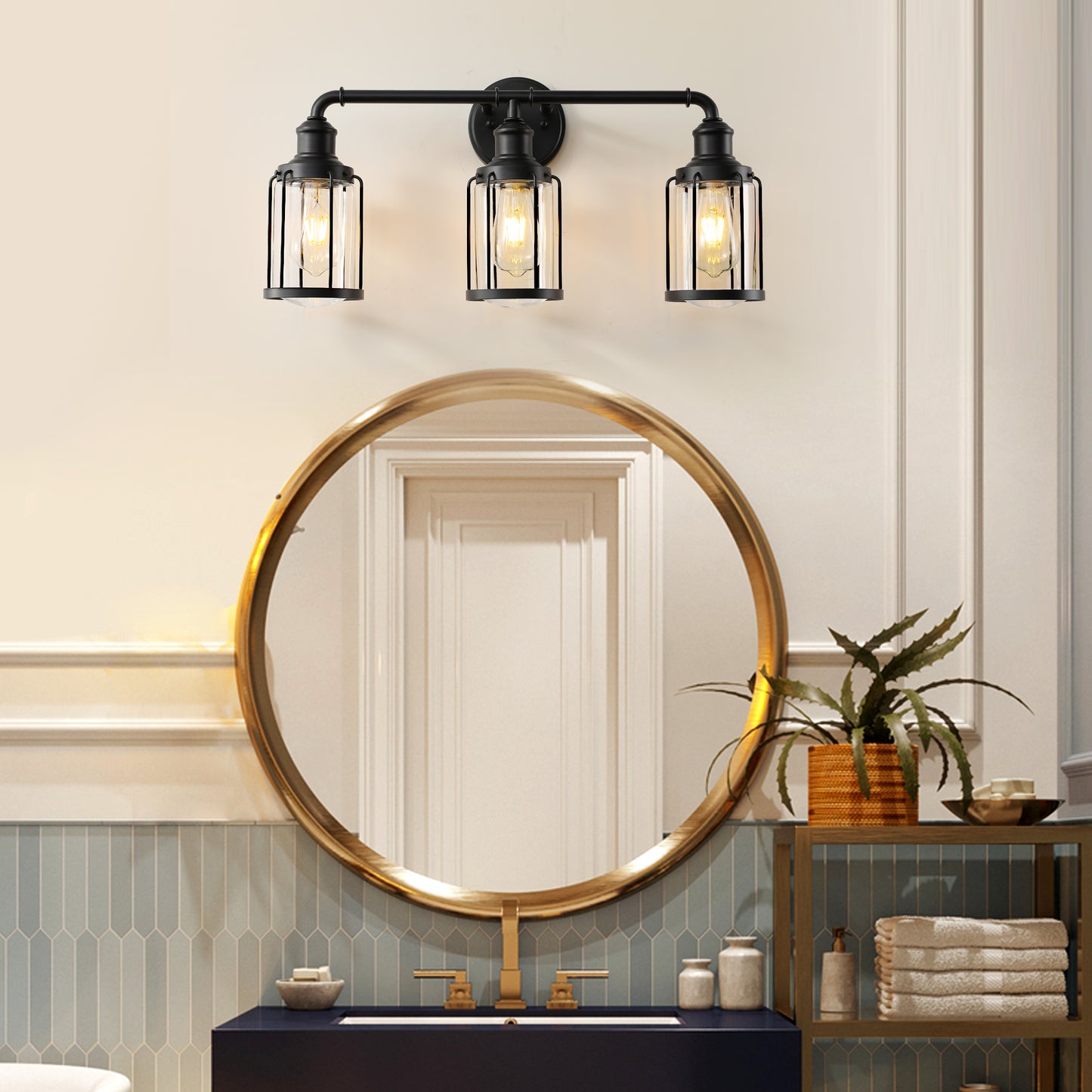 24 in. W 3-Light Matte Black Vanity Light with Clear Glass Shade