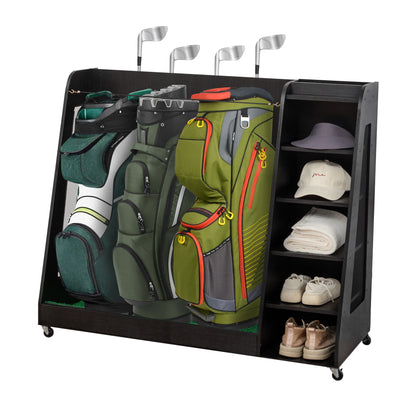 Wooden Golf Bag Storage Rack , Holds 3 Stand Bags & 14+ Clubs, Organizer for Golf Balls, Shoes & Accessories, Heavy Duty for Garage, Indoor Outdoor Use, Easy Assembly,Black