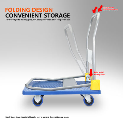 Foldable Push Hand Cart, Platform Truck with 440 lbs. Weight Capacity, Blue