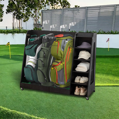 Wooden Golf Bag Storage Rack , Holds 3 Stand Bags & 14+ Clubs, Organizer for Golf Balls, Shoes & Accessories, Heavy Duty for Garage, Indoor Outdoor Use, Easy Assembly,Black