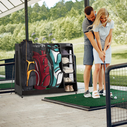 Wooden Golf Bag Storage Rack , Holds 3 Stand Bags & 14+ Clubs, Organizer for Golf Balls, Shoes & Accessories, Heavy Duty for Garage, Indoor Outdoor Use, Easy Assembly,Black