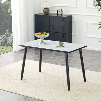 Marble Pattern Glass Dining Table with Black Tapered Metal Legs