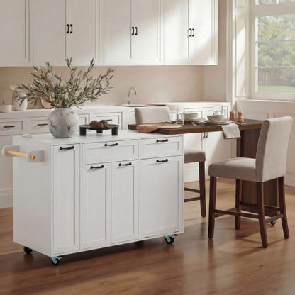 102 Inch Kitchen Island with Extendable Dining Table & Trash Storage White
