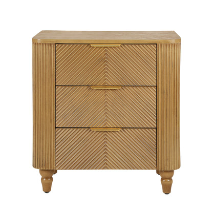 Mid-Century Fluted 3 Drawers Nightstand, Bedside Table with Curved Profile Design and Wide Gold Glossy Handles, End Table for Living Room, Bedroom, Easy Assembly, Natural