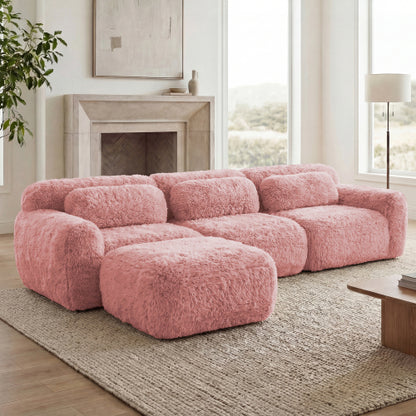 Pink L-Shaped Plush Boneless Modular Sofa, Movable Ottoman, 32D Sponge, No Assembly