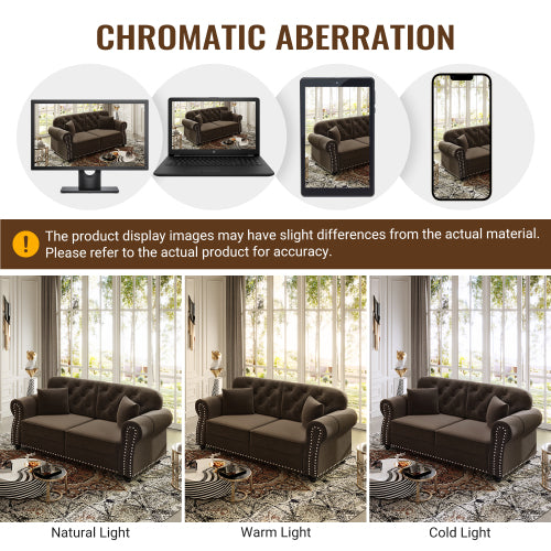 63 inch  Brown Velvet Mid-Century Sofa, Nailhead Trim & 2 Pillows
