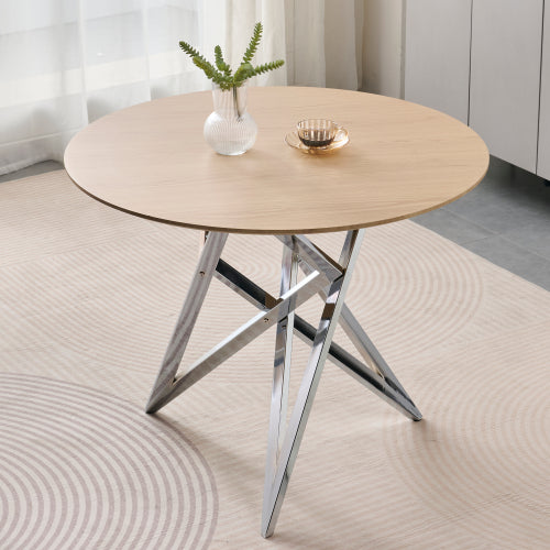 Small Round Dining Table with Silver Metal Legs, Burlywood