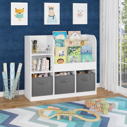 Kids Bookcase with 3 Fabric Drawers, MDF Toy Storage Organizer, White/Gray