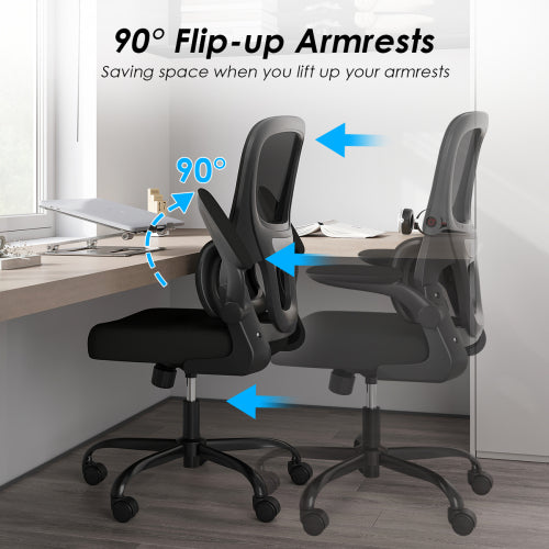 Office Chair, Mesh Ergonomic Office Chair with Lumbar Support, Comfy Computer Desk Chair with Flip Armrest Rolling Wheels for Home Study Room Office, Black & Black