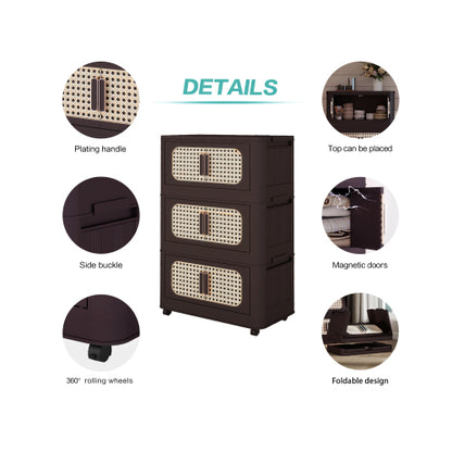 Retro Brown 20 Inch Five-Tier Folding Plastic Storage Cabinet Magnetic Door With Universal Moving Wheels