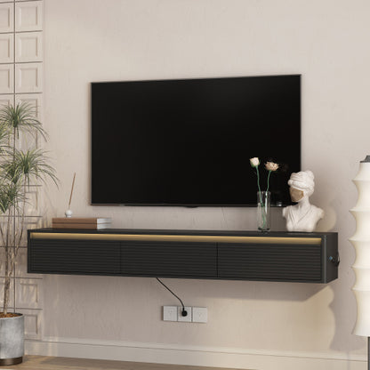 Fluted Wall Mount Floating TV Stand with LED Lights & Built-in Power Outlet for Living Room