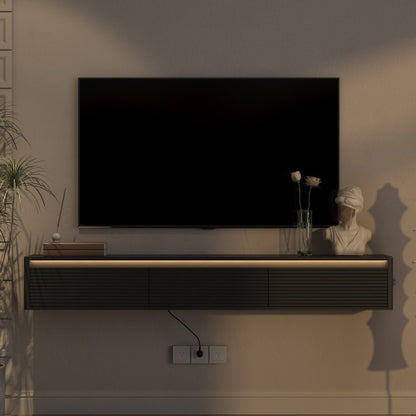 Fluted Wall Mount Floating TV Stand with LED Lights & Built-in Power Outlet for Living Room