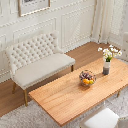 Velvet Double Dining Loveseat Bench, Kitchen & Dining Seating, 2-Seat Tufted Bench w/Handmade Buttons, Wing Back, Gold-Plated Steel Legs, Mid Century Modern,Single Pack,Beige