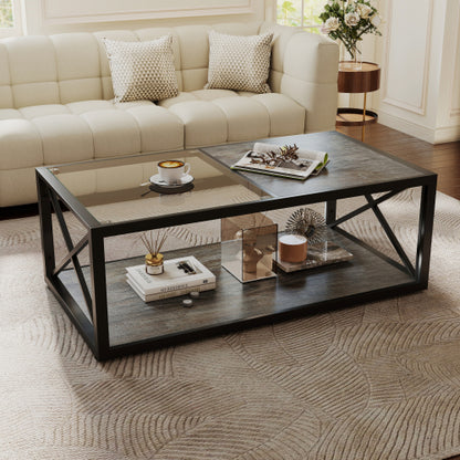 39.37inch  Industrial Coffee Table, Tempered Glass & Wood Grain MDF, X-Frame Metal Base, 220lbs Capacity