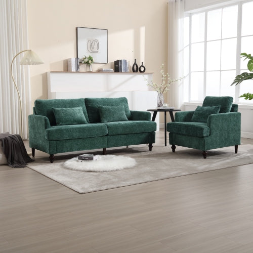 Mid-Century Modern Emerald Chenille 2-Seat Loveseat, Wood Legs