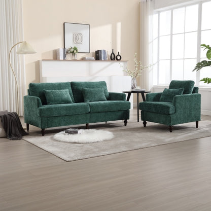 Mid-Century Modern Emerald Chenille 2-Seat Loveseat, Wood Legs