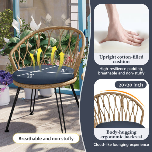 U_STYLE Outdoor Leisure Set, 2 Rattan Single Chairs with A Glass Round Table, Perfectly Suited for Patios, Balconies, and Courtyards