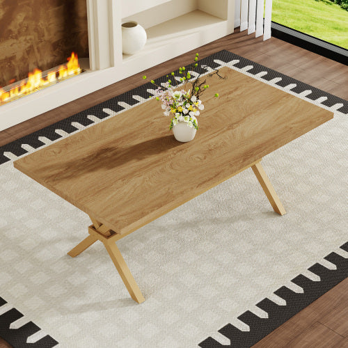 Light Wood Grain MDF Dining Table with X-Shaped Metal Bracket