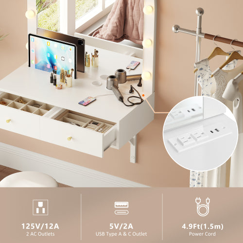 White Floating Wall Mounted Vanity Desk with LED Mirror, 3 Color Lights, Power Outlet & USB, Large Storage