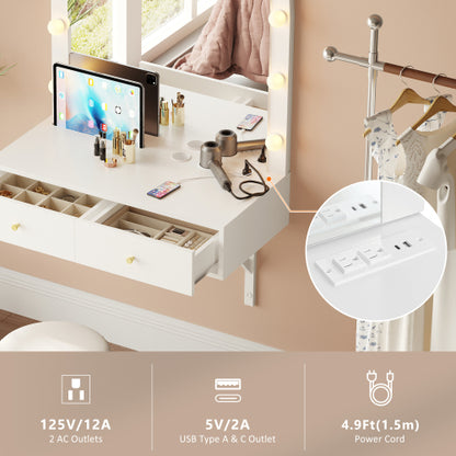 White Floating Wall Mounted Vanity Desk with LED Mirror, 3 Color Lights, Power Outlet & USB, Large Storage