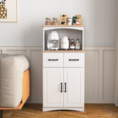 White Kitchen Pantry Cabinet with Microwave Shelf Drawer and Adjustable Storage