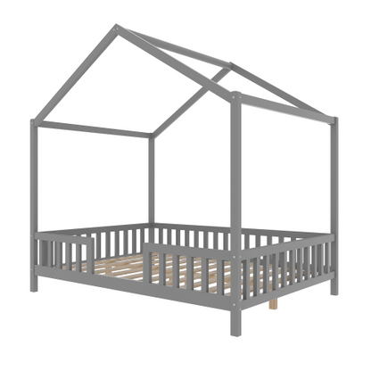 Montessori Floor Bed with Canopy, Full Bed Frame for Kids, House Shape Toddler Bed Frame with High Railings, Wood Kids Bed with Roof, Kid Full Bed, Grey