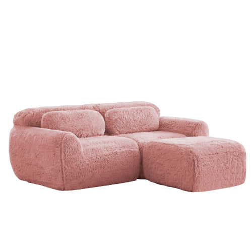 Pink L-Shaped Plush Boneless Sofa with Chaise,32D Sponge,Throw Pillows,No Assembly