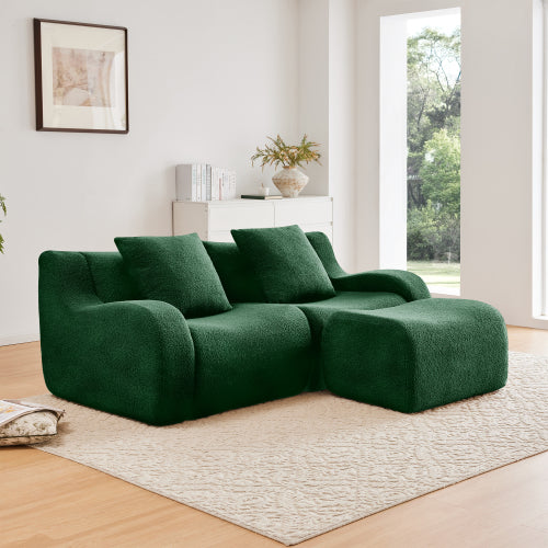 Green L-Shaped 2-Seat Boneless Teddy-Fabric Modular Sofa Curved Armrest No-Assembly Non-Slip