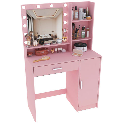 Pink Vanity Desk with Mirror & Light, 12 LED Bulbs, Large Drawer, 3 Shelves & 3-Level Cabinets, 3 Lighting Modes