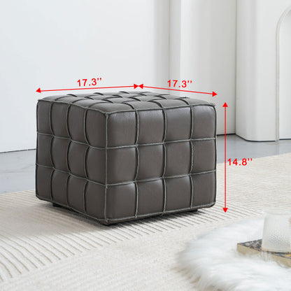 17.32 Inch Grey Genuine Leather Tufted Ottoman, Multi-Purpose Square Footstool for Bedroom & Living Room