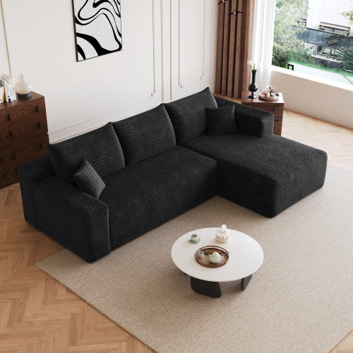 95-Inch Black Plush Corduroy U-Shaped Cloud Modular Sectional Deep-Seat Corner Sofa No-Assembly for Living-Room