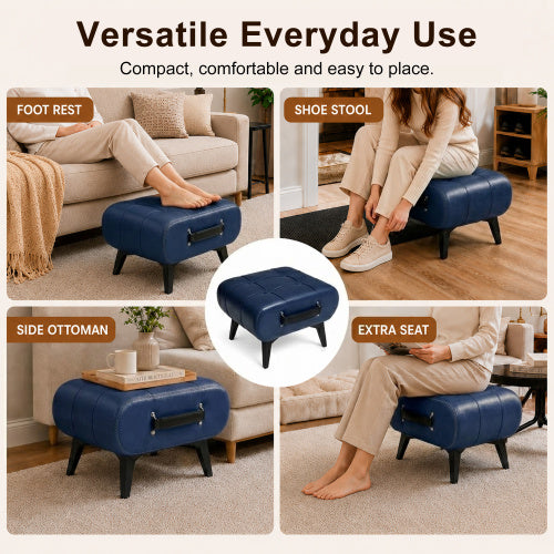 Rectangular Tufted Faux Leather Storage Ottoman with Handle & Metal Legs, Multiuse Footrest for Living Room Entryway