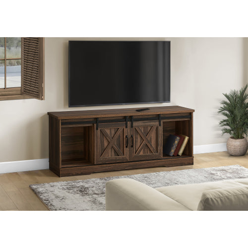 60 Inch Reclaimed Brown Farmhouse TV Console with Sliding Barn Doors & Multi Storage Zones