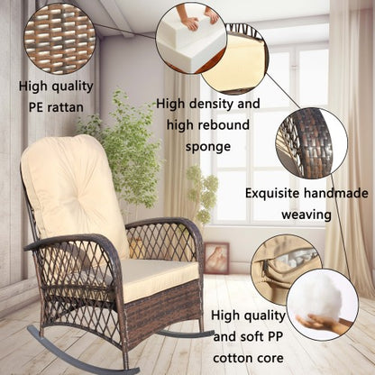 Outdoor Wicker Rocking Chair with Wide Seat, Thick, Soft Cushion, Rattan Rocker w/Steel Frame, High Weight Capacity for Patio, Garden, Backyard, Shallow brown Cushion