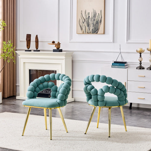 2 Pack Blue Dutch Velvet Dining Chairs, Ball-Chain Bubble Back Chairs with Gold Electroplated Metal Legs