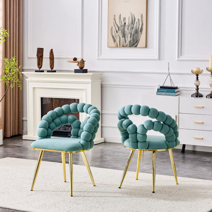 2 Pack Blue Dutch Velvet Dining Chairs, Ball-Chain Bubble Back Chairs with Gold Electroplated Metal Legs
