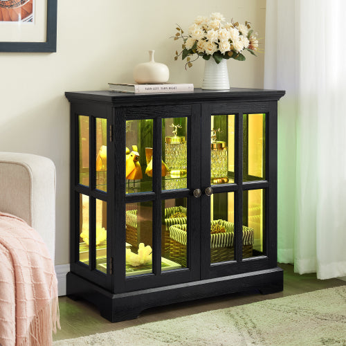 Black Retro 7-Color Bluetooth LED Lattice Glass Adjustable Display Cabinet