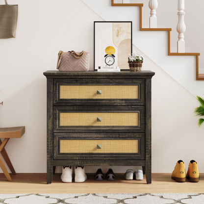 Dark Rustic Oak 3-Drawer Rattan Farmhouse Dresser Nightstand